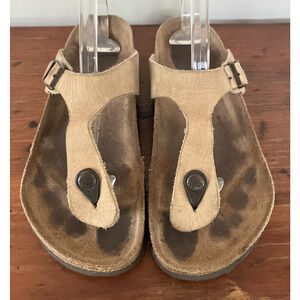 Birkenstock Gizeh Nubuck Sand Castle Soft Footbed Beige Leather Thong Sandals 38